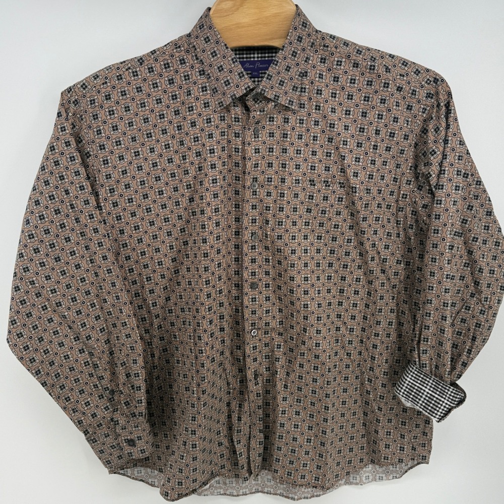 Alan Flusser Mens XXL Brown Geometric Medallion Print Cotton Button Down Shirt